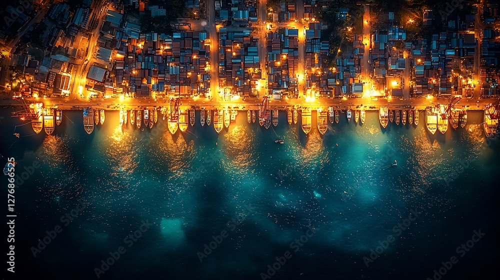 Obraz premium Aerial view of a vibrant harbor at night, showcasing illuminated boats and bustling waterfront