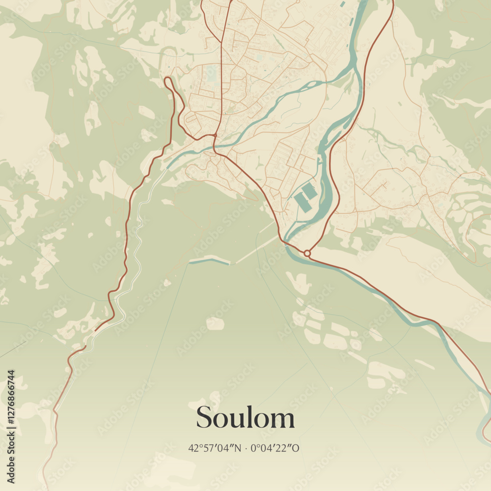 Fototapeta premium Vintage map of Soulom, France.