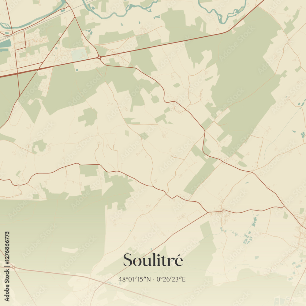 Fototapeta premium Vintage map of Soulitré, France.