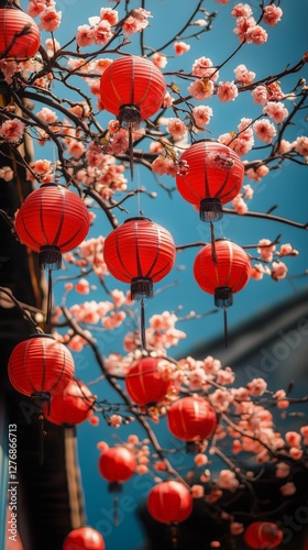 Lanterns Glowing Under Cherry Blossom Branches at Dusk in a Festive Street Ma...