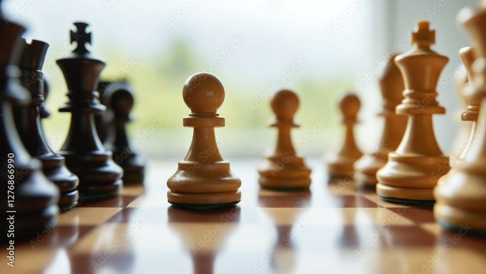 A chessboard with a single pawn facing off against a row of opposing pieces, representing the concepts of strategy, challenge, and overcoming obstacles A chessboard with a single pawn facing off against a row of opposing pieces, representing the concepts of strategy, challenge, and overcoming obstacles
