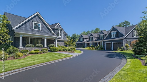 Suburban homes on a winding paved driveway on a sunny day
