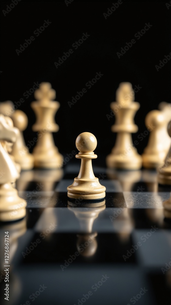 A chessboard with a single pawn facing off against a row of opposing pieces, representing the concepts of strategy, challenge, and overcoming obstacles A chessboard with a single pawn facing off against a row of opposing pieces, representing the concepts of strategy, challenge, and overcoming obstacles