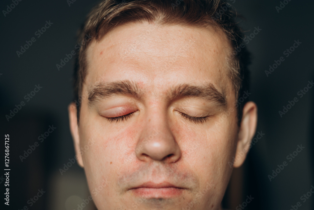Fototapeta premium Selective focus on swollen and painful red upper eye lid with onset of stye infection due to clogged oil gland and staphylococcal bacteria. Close up right upper eyelid abscess.