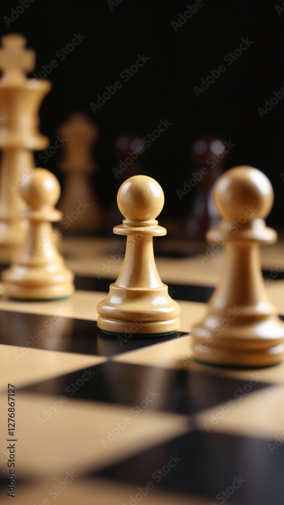 A chessboard with a single pawn facing off against a row of opposing pieces, representing the concepts of strategy, challenge, and overcoming obstacles A chessboard with a single pawn facing off against a row of opposing pieces, representing the concepts of strategy, challenge, and overcoming obstacles