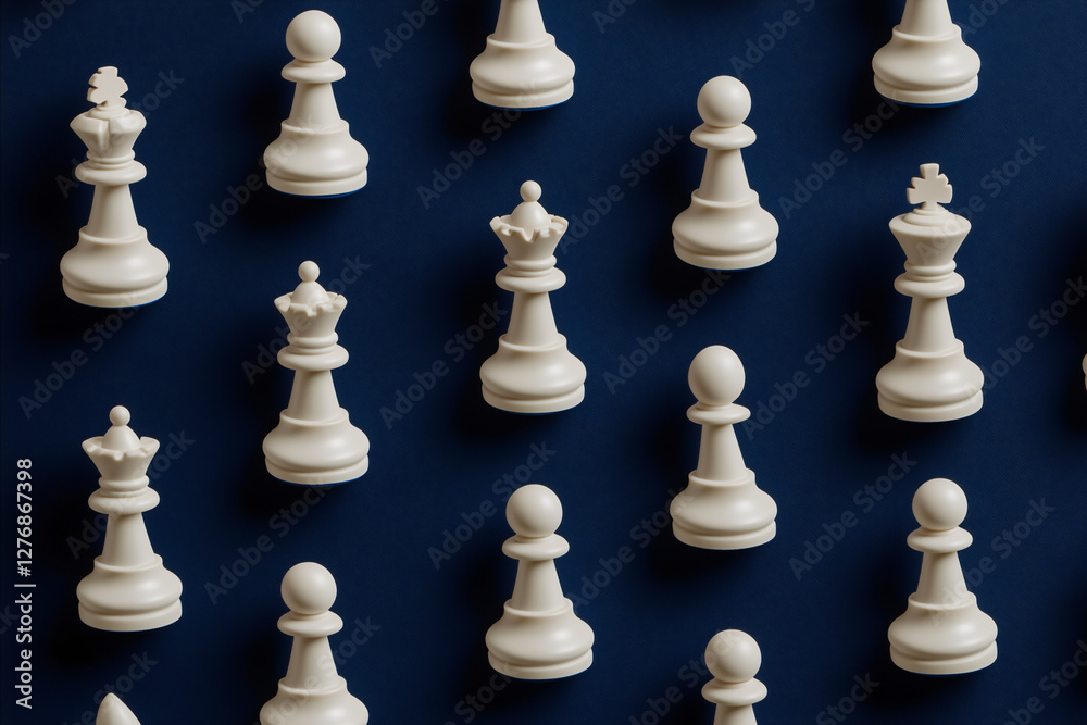 Strategic Chess Pieces Arrayed: A symmetrical arrangement of chess pieces on a deep blue background, evoking strategy, intellect, and the complexities of competition. Strategic Chess Pieces Arrayed: A symmetrical arrangement of chess pieces on a deep blue background, evoking strategy, intellect, and the complexities of competition.