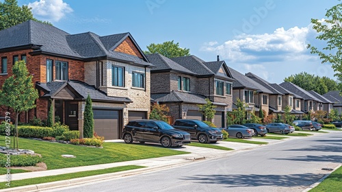 Suburban homes row, sunny day, parked cars, community