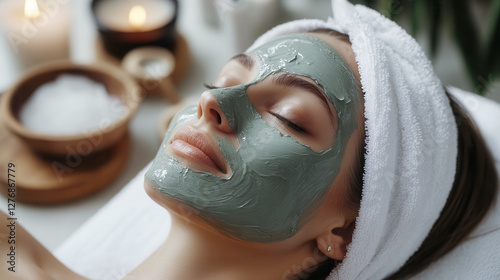 Relaxing wellness treatment featuring a woman enjoying a green clay mask and soothing ambiance.Spa salon advertising banner, backgroundfor text. Home Facial Skin Care, Anti-Aging Mask, Collagen photo