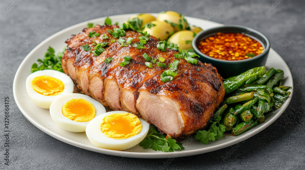 Savor this succulent grilled pork loin with boiled eggs, asparagus, and potatoes, perfectly garnished for a gourmet dining experience. Savor this succulent grilled pork loin with boiled eggs, asparagus, and potatoes, perfectly garnished for a gourmet dining experience.