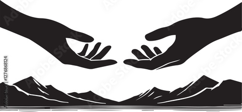 two hands reaching out to each other, black and white