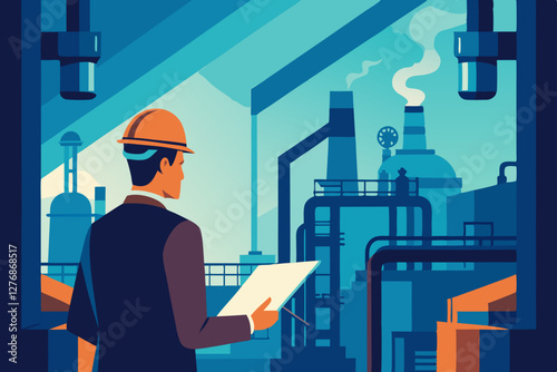 oil refinery worker with drill