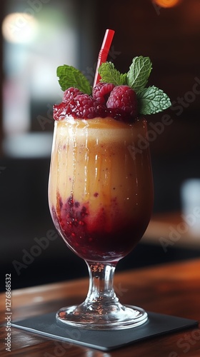 Refreshing Raspberry and Mint Drink Served in a Tall Glass on a Wooden Table