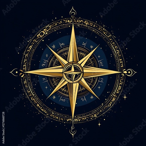 Ornate compass design on dark background. Possible use graphic design element, tattoo design