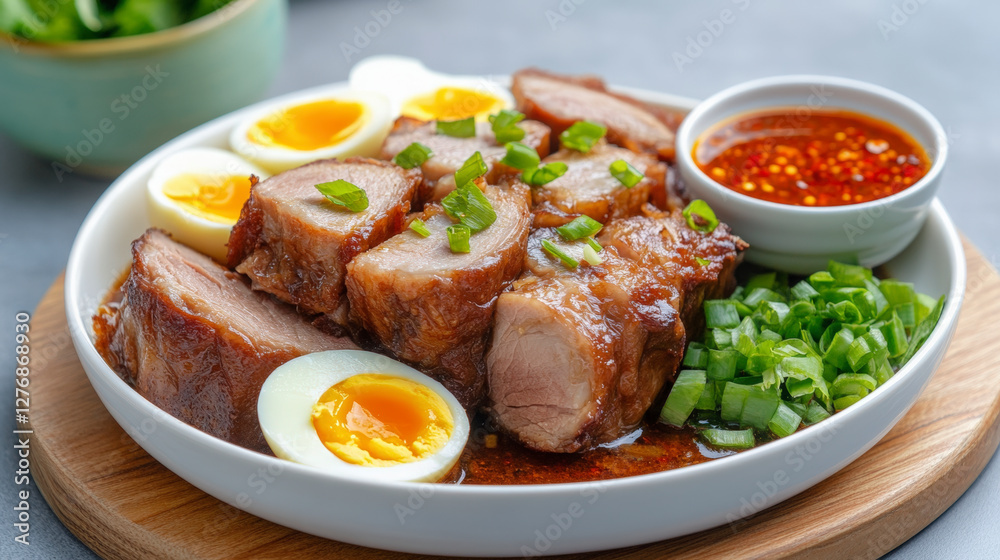 Delicious pork belly with soy glaze, served with boiled eggs and spring onions. Perfect for an authentic Asian dining experience. Delicious pork belly with soy glaze, served with boiled eggs and spring onions. Perfect for an authentic Asian dining experience.