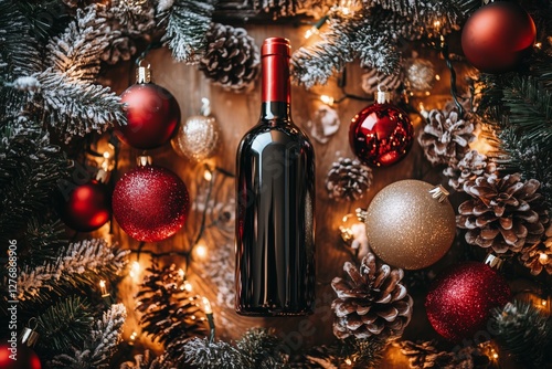 Holiday Wine Bottle Surrounded by Festive Decorations and Warm Lights