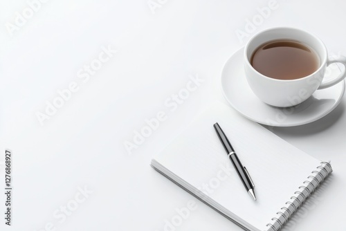 minimalistic stock photo of open notebook and pen resting on smooth white desk symbolizing planning and personal growth