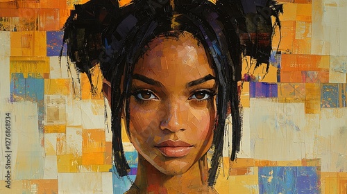 Portrait of a young woman with unique hairstyle against a vibrant abstract background