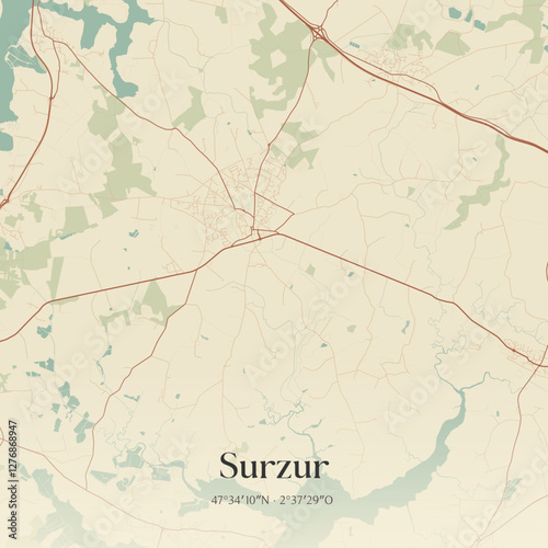 Vintage map of Surzur, France.
