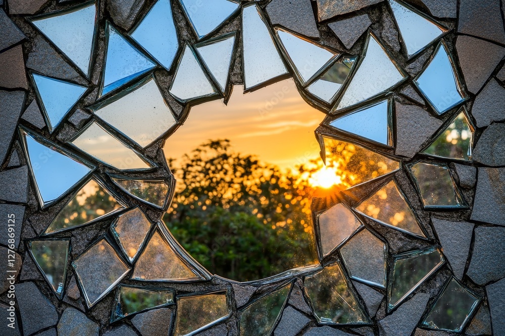 Fototapeta premium A shattered mirror reflecting a bright sunrise symbolizing hope emerging from brokenness.