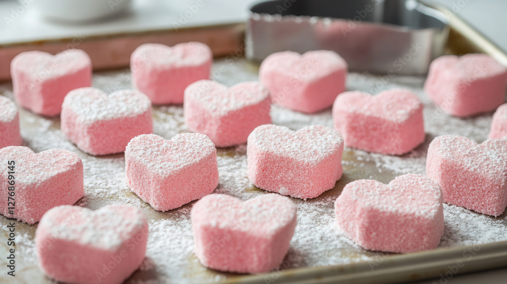 Heart-shaped marshmallows arranged for baking with a gentle light on a white surface. marshmallow hearts, a dish for lovers, lovers Heart-shaped marshmallows arranged for baking with a gentle light on a white surface. marshmallow hearts, a dish for lovers, lovers