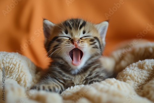 Cute Kitten Yawning While Resting on a Cozy Blanket During the Daytime at Home