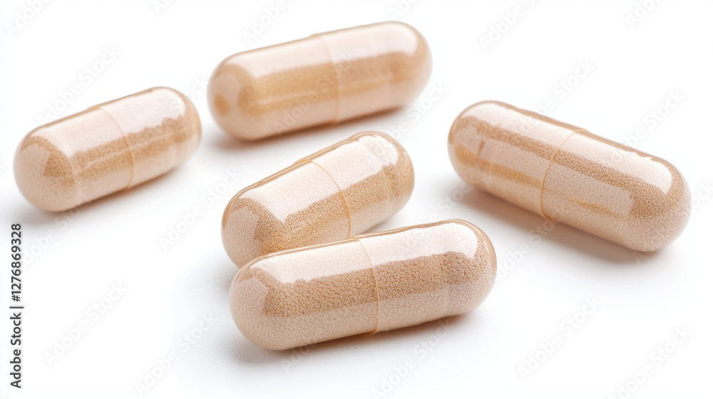 Dietary Supplements with Antioxidants for Immune Support. Five beige capsules on white background Dietary Supplements with Antioxidants for Immune Support. Five beige capsules on white background