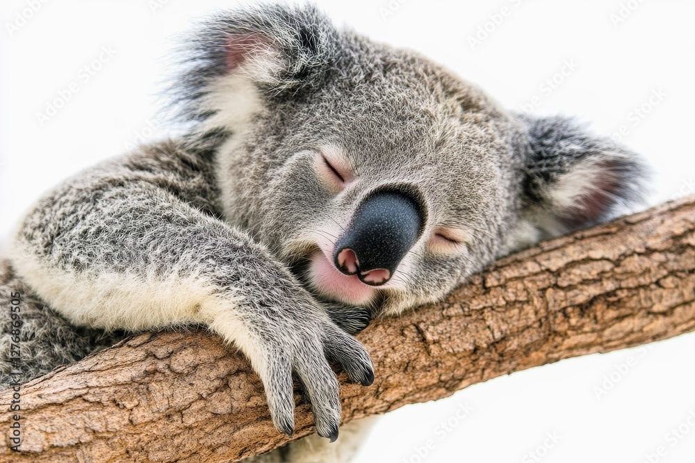 Obraz premium Sleepy koala clinging to an invisible branch isolated on white background.