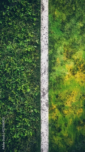 Contrasting Textures of Grass and Worn Surface on a Sports Field During Brigh...