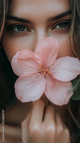 Woman Holding Pink Flower Close to Her Face With Clear Blue Eyes and Natural ...