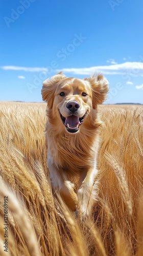 Golden Retriever Joyfully Running Through Tall Grass Under Blue Sky