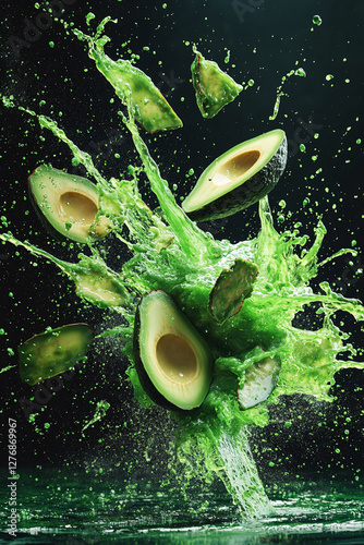 Exploding avacado burst, vibrant green and green color palette, juice splashes and avacado fragments flying outward photo