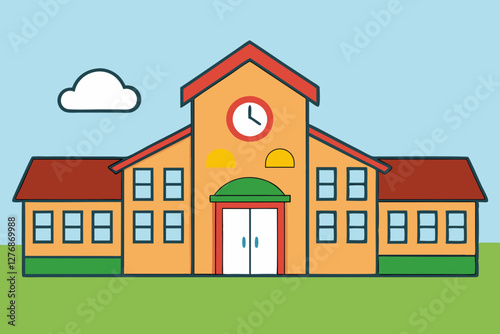 Colorful Illustration of a School with Children Outdoors on a Sunny Day

