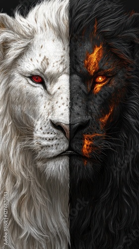 This powerful artwork showcases the contrast between a white lion and a black lion, each embodying different emotional energies through their vivid detailing and fierce expressions. photo