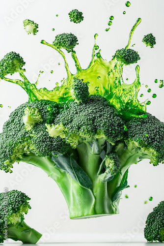 Exploding broccoli burst, vibrant green and green color palette, juice splashes and broccoli fragments flying outward photo