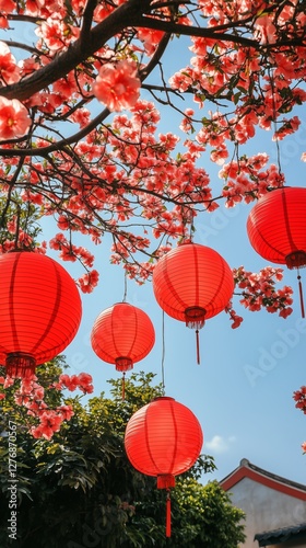 Lanterns Glowing Under Cherry Blossom Branches at Dusk in a Festive Street Ma...