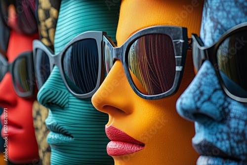 Colorful Mannequins Wearing Sunglasses in Vibrant Display at a Fashion Store