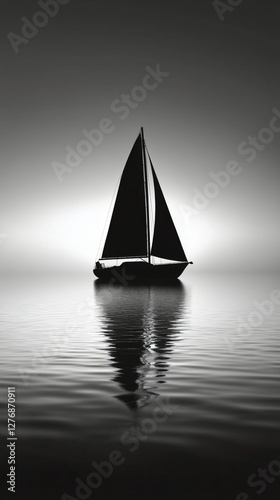 Sailing Boat With Black Sails Gliding Across Calm Waters at Dusk With Birds F...