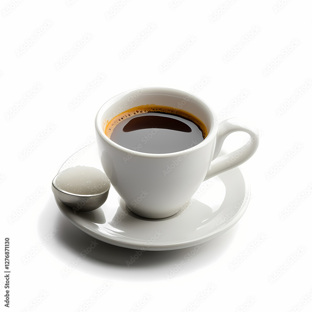 Rich coffee in a white cup beside a sugar packet on a saucer. Generative AI Rich coffee in a white cup beside a sugar packet on a saucer. Generative AI