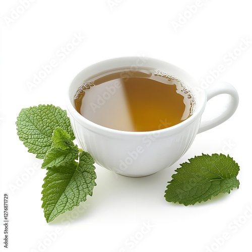  Soothing Lemon Balm Tea: A Simple Composition of Fresh Lemon Balm Leaves and a Cup of Steaming Lemon Balm Tea on a White Background - A Calming and Natural Herbal Infusion