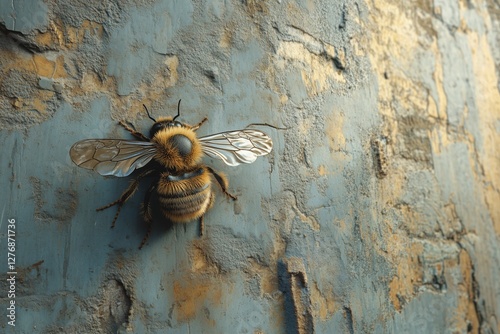 Close-up of a Detailed Honeybee Resting on a Cracked Surface in Natural Light