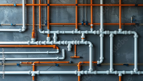 Orange white plastic pipe system network installation on gray wall construction