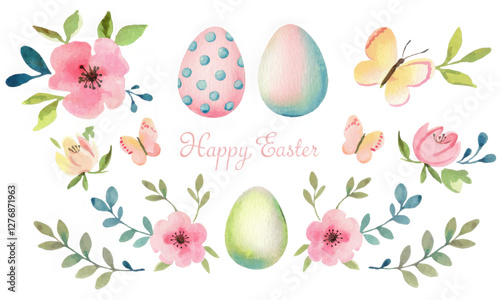Happy easter set of hand-painted watercolor elements. Colorful eggs, cute flowers, and butterflies are isolated on transparent background
