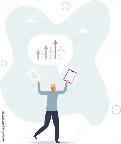 Environmental engineer as sustainable future energy work.Professional ecological power supply development with alternative electricity and green engineering .flat character life .