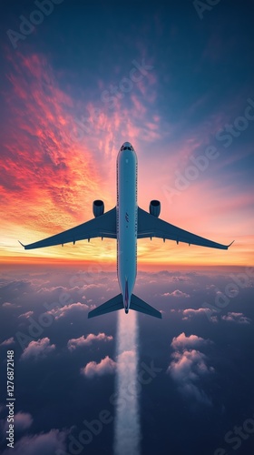Airplane Flying Over Clouds at Sunset With Colorful Sky in the Background