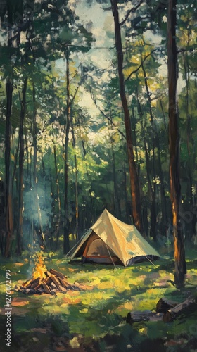 Camping at Sunset by the Serene Lakeside Surrounded by Tall Trees and a Glowi...