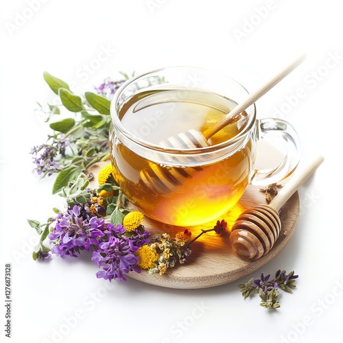Aromatic Herbal Infusion: A Delicate Composition of Clear Glass Teacup Filled with Herbal Tea, Garnished with Fresh Thyme, Lavender, Sage, and Honey Dipper on a White Background - A Tranquil and Natur