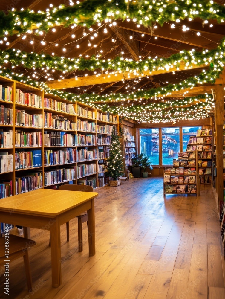 Cozy Library with Christmas Lights - A charming library adorned with twinkling Christmas lights and evergreen garlands, creating a warm and inviting atmosphere
