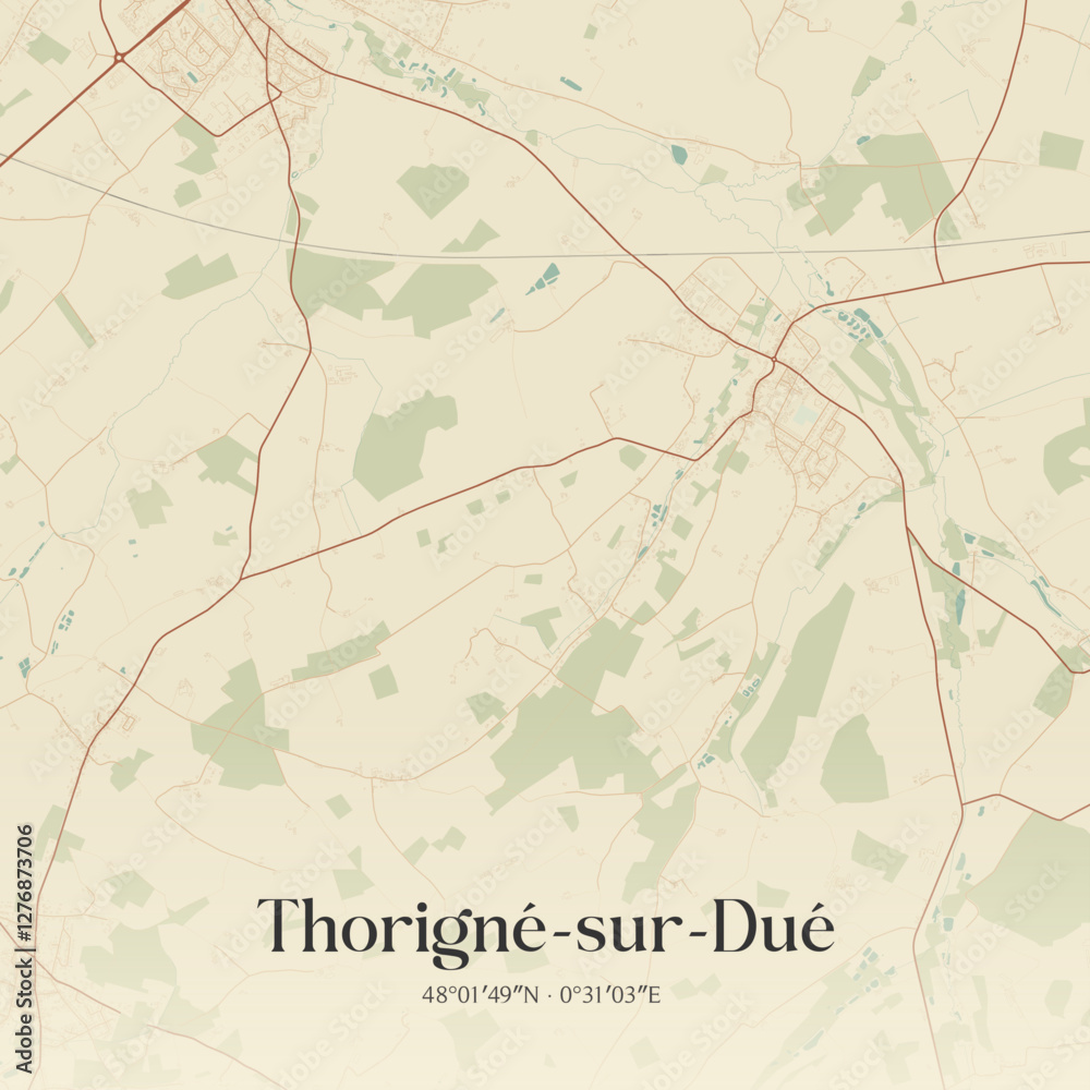 Fototapeta premium Vintage map of Thorigné-sur-Dué, France.