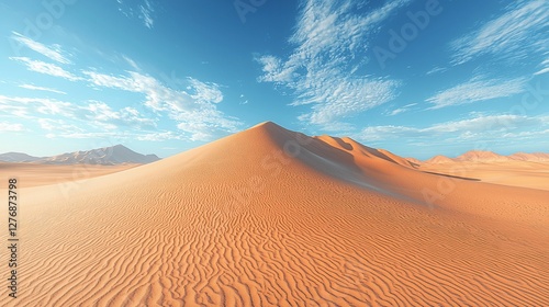 Expansive desert landscape with towering sand dunes under a clear blue sky