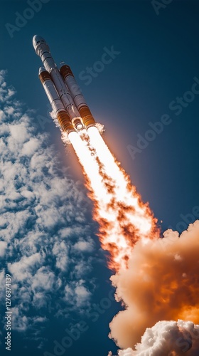 Rocket Launches Into the Clear Sky Amid Vibrant Clouds During a Bright Daytime